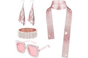 Alviller 5Pcs 70s Disco Accessories, Disco Costume Set with Sequins Scarf Earrings Rhinestone Thick Frame Sunglasses and Bracelet Fancy Dress Kit for Women Girls Retro 70 80 Theme Party