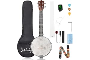 Mulucky MBU-803 - Banjolele a 4 corde, dimensioni da 58 cm, con testa Remo, retro in legno massello chiuso, kit per principianti con truss rod Gig Bag Tuner String Strap Picks, MBU-803