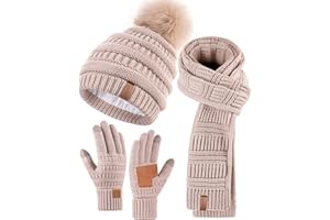 SENPUKI Hat Scarf and Gloves Set Ladies, Cute Pom Pom Winter Beanie Hat for Women with Warm Fleece Lined, Long Knit Bobble Touchscreen Gloves Women Scarf Neck Warmer 3 in 1 Cold Weather Gift Set