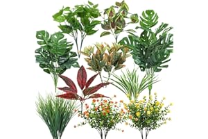 BLUECLOUDY 18 Bundles Artificial Plants Grass Outdoor UV Resistant Fake Plastic Flowers Faux Large Plant Greenery Stems for Hanging Baskets Outdoors Indoor Home Garden Planter Decor Patio Pathway Porch