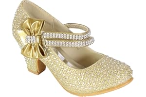 MYSHOESTORE Girls Wedding Shoes Kids Children Bridesmaid Prom Diamante Strappy Mary Jane Style Court Shoe Block Low Mid Heel Touch Buckle Fastening Party Formal Evening Dress Sandals