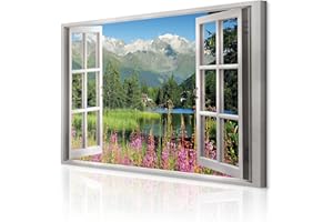 decomonkey - Impression sur Toile Nature Fenetre 90x60 1 Pièce - Tableau Décoration Appartement Déco Salon Peinture sur Toile Arbres montagnes lac paysage nature plantes vue depuis la fenêtre