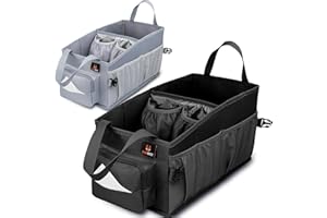 FOXBOX Kids Car Organizer Between Seats - Easy-to-Reach for Back Seat Travel Car Organizer with Tissue Box and Insulated Cup Holder | Backseat Car Storage for Toddlers Next to Car Seat Car Tote (Black)