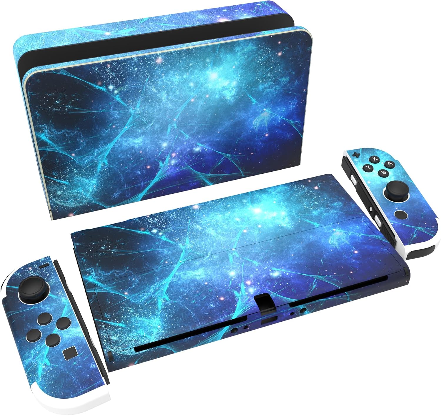 PlayVital Pegatina Protectora Completa para Nintendo Switch OLED - Calcomanías Decorativas para Joy-con y Consola, Skin Stickers Adhesivos (Azul Nebula)