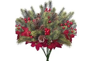 ‎KINISTY Kinisty Tannenzweige Künstlicher Weihnachtsstern, 5 Stück Kunstblumen Weihnachten Zweige mit Nadelzweige, Tannenzapfen, Roten Beeren, Poinsettia für Weihnachtsdeko