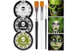 UCANBE Fond de Teint (Blanc+Noir+Vert) avec 3 Pinceaux, Peinture Visage Sûre et Non Toxique, Peinture Corporelle pour Halloween, Mardi Gras, Théâtre, Scène, Film