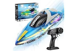 HOTUT RC Boat with LED Lights, 15 KmPh 2.4GHz Remote Control Boats for Pools and Lake, Capsize Recovery, 2 Rechargeable Batteries, Speed Boat Toy for Boys & Girls
