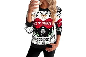 Bresdk Jersey Navideño Mujer Divertido Suéter Navidad de Punto Ugly Christmas Sweater de Reno Invierno Ropa Cuello Redondo para Familiares S-XXL