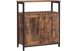 VASAGLE Storage Cabinet, Multipurpose Cabinet, Sideboard, Adjustable Shelves, Slat Door, Steel Frame, for Living Room, Bedroom, Hallway, Industrial Style, Rustic Brown and Black LSC087B01