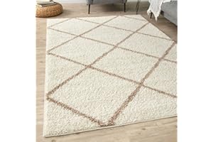 THE RUGS Shaggy Rug – Modern Moroccan Design Rugs for Living Room, Bedroom, Hallway, 3 cm Thick Area Rugs, (Diamond Ivory/Beige, 80x150cm)