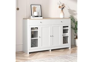 Kehun Sideboard Weiss für Wohnzimmer und Esszimmer, Kommode Schrank Buffetschrank 120x37x80 cm mit 4 Türen und 2 Stauraum Schubladen, Natur & Weiß