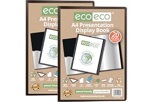 eco-eco A4 Size 50% Recycled Black Presentation Display Book (Pack of 2) - 20 Pocket Storage Case Portfolio Art Folder with Plastic Sleeves for School,Office and Business, Document Organizer,eco003x2