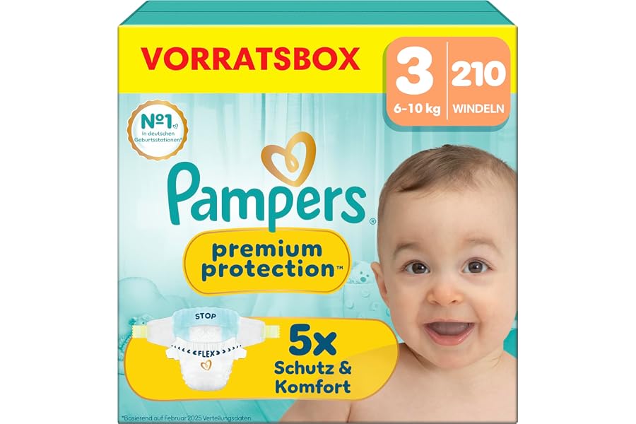 Pampers Premium Protection Größe 3, 210 Windeln, 6kg-10kg, unser Nr. 1 Haut- und Auslaufschutz