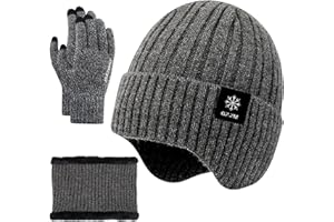 FOSDICK Zestaw szalików i czapek i rękawiczek damskich mężczyzn, zestaw ocieplaczy na szyję czapka zimowa rękawiczki dotykowe, dzianinowa czapka szaliki rękawiczki termiczne, 3 w 1 czapki typu beanie