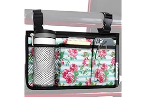 HSGEZUOQI Wheelchair Side Bag, Upgrade Flower Color Armrest Storage Pouch with Cup Holder and Reflective Strip Use of Waterproof Fabric, for Most Wheelchairs, Walkers or Rollators (White Floral)