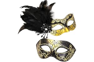 MYSEUNI Máscara de baile de máscaras para parejas, máscara de máscaras para mujeres con plumas y máscara veneciana para hombres para fiesta de Mardi Gras