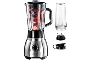 Russell Hobbs Batidora de Vaso 2 en 1 Stainless-Steel - Smoothie, Jarra de Cristal 1,5L, para Zumos y Batidos, Cuchilla Acero