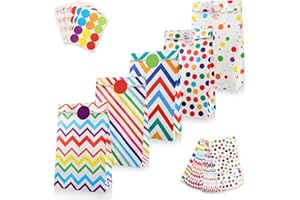 SATTIE Bolsas de Papel Pequeñas, Mezzar 50Pcs Bolsas Papel Regalode Punto de Onda de Color con 6 Pegatinas, Bolsa de Regalo Chuches para Cumpleaños para Bodas Fiestas Infantiles Cumpleaños (Blanco)