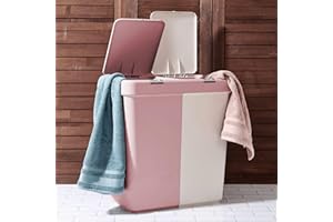 3FlexHome 80L Double Laundry Basket with Lid, 2 Compartments to Sort Washing Multipurpose Plastic Laundry Hamper with Push Button Lid Washing Basket Laundry Hamper Laundry Bin (Pink-White)