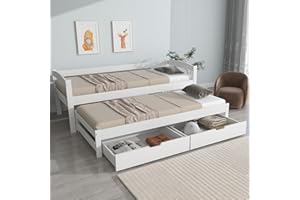 ‎MERAX Merax Schlafsofa 90x200 cm, Tagesbett mit 2 Schubladen, Kinderbett Funktionsbett mit Lattenrost, Ausziehbett Einzel und Doppelbett, Massivholzrahmen, für Mädchen & Jungen, Weiß