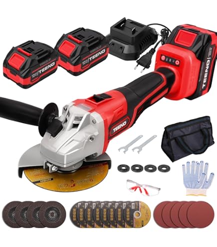 TEENO Hoekslijper, accuhaakse slijper, stationair toerental 9800 omw/min (slijp-/doorslijpschijf: 125 mm), accu flex met 2 accu's 3,0 Ah en oplader, borstelloos