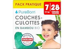 PureBorn 28 Couches Culottes Taille 7 (17+ kg), Ultra-Absorbantes, Hypoallergéniques, Couches Culottes douces pour Bébé, Testées Dermatologiquement, Anti-fuites en Bambou Naturel