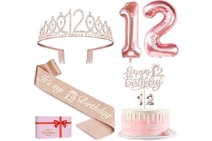 AMOSKING 12. Geburtstag Mädchen Deko, 12. Geburtstag Krone und Schärpe, Happy Birthday Tortendeko Kerzen, Luftballons Rosegold, Geschenke für Mädchen 12 Jahre