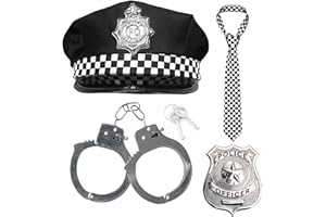 REDSTAR FANCY DRESS 4pc Adults Police Costume Accessories Including Policeman Hat, Checked Fancy Dress Tie, Metal Handcuffs and Police Badge for Halloween Cop Outfit Men and Womens Fancy Dress Costumes