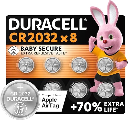 Duracell CR2032 Lithium Coin Batteries 3V (8 Pack) - Up to 70% Extra Life - Baby Secure Technology – Recommended for use in Apple AirTag - Use in Key Fobs, Home Devices, Fitness, Medical Accessories