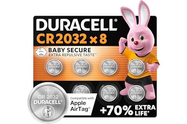 Duracell CR2032 pilas de botón de litio 3 V (paquete de 8) - Hasta un 70 % extra duración - Tecnología Baby Secure - Para Apple AirTag, llaves remotas, dispositivos domésticos, deportivos y médicos