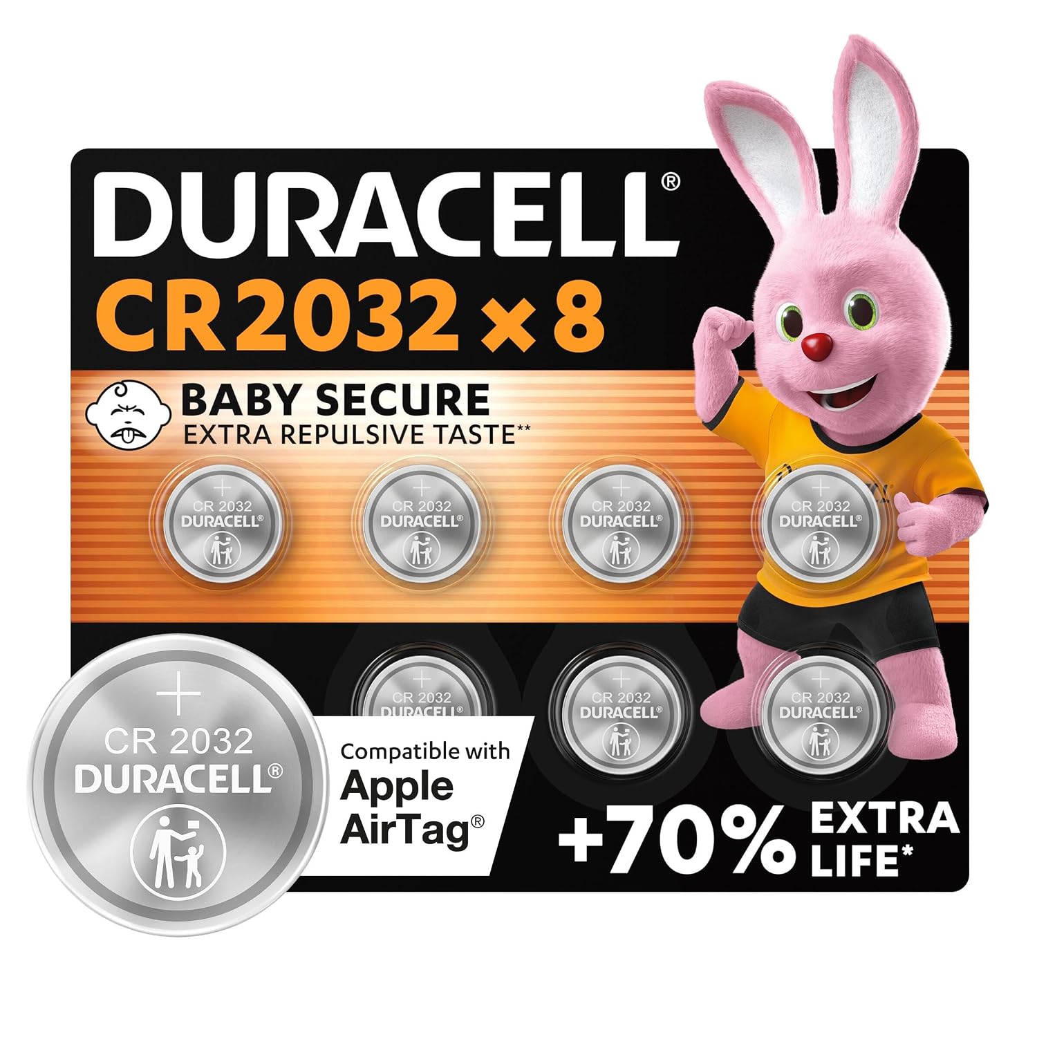 DURACELL 2032 Lithium-knoopcelbatterijen, 8 Stuks, 3V, CR2032 | Gaan Tot 70% Langer Mee - Babyveilige Technologie - Apple AirTag, Autosleutels, Apparaten in Huis en Medische Accessoires