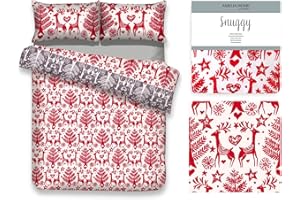 ‎AMELIAHOME AmeliaHome Pościel Flanelowa 3 Częściowa 200x220 z 2 Poszewkami 80x80 Komplet Pościeli Bawełnianej Świąteczna Zimowa Renifery Biała Czerwona Szara Snuggy Rudolph