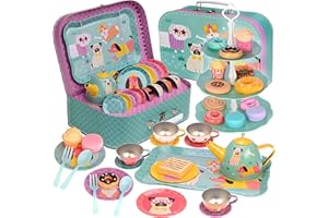 Jewelkeeper 42-Piece Tin Tea Party Set for Little Girls with Pretend Food, Durable Carrying Case, Cute Dog Design for Imaginative Play