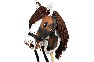 SKIPPI Hobby Horse Braunschecke, Großes Steckenpferd A3, Schecke Hobby Horse mit einem Halfter und Zügeln im Set, Weißes Pferd mit Braunen Flecken, Hobby Horsing Pferd, Stockpferd