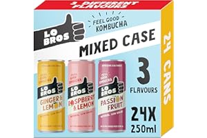 Lo Bros Kombucha - Mixed Pack with 3 Flavours - Sparkling Refreshing Soft Drink with Natural Ingredients and Live Cultures, Supports Gut Health, Low Sugar, Vegan, Gluten Free- 24 x 250ml