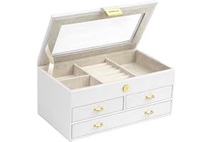 ADEL DREAM AdelDream Joyero con 2 cajones organizador de joyas con llave con espejo estuche de viaje extraíble para anillos pulseras pendientes forro de terciopelo blanco J11-6