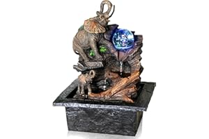 GEEZY Indoor Water Features with LED Lights - Elephant and Glass Ball Design - Easy Assembly, Mains Powered, Table Top - Suitable Indoor Water Fountain for Home Decor and Office Desks