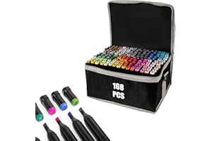 H&F HEIMTEXTILIEN Zestaw markerów alkoholowych 168 kolorów, zestaw markerów do mangi/designu/szkoły, szybkoschnący zestaw markerów alkoholowych, dwustronne markery, flamastry, rysunki, kolorowanie, z torbą do