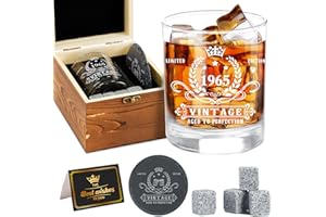 Amosking 60 Geburtstag Geschenke für Männer, Vintage 1965 Whiskey Glas Set, Holz Box, Whiskey Steine, Untersetzer, Grußkarte, Geburtstagsgeschenke Ideen für ihn, Mann, Papa