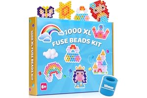 VynyQoo 10mm Fuse Beads Kit, 1000 XL Iron Beads in 10 Colors with Pegboards, 10 Patterns, 10 Ironing Papers, 5 Bead Chains, 5 Keyrings, 5 Fridge Magnets，Ideal for DIY Crafts & Gifts