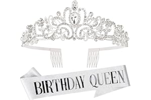AQOKKA Birthday Crown and Sash for Women Birthday Queen Sash & Glitter Rhinestone Tiara Set Women Crystal Hair Accessories Party Supplies Birthday Decoration for Girls
