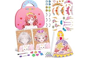 SUNWUUN Arts and Craft Kits for Kids,Girls Birthday Presents,Make Up on Paper DIY Girls Toys Kit with Diamond Painting and Princess Dress Up Set,Travel Games for Kids,Gifts for 4 5 6 7 8 9 year Old Girls