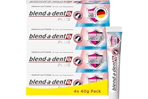‎BLEND-A-DENT Blend-a-dent Plus Barriere Gegen Speisereste Premium Haftcreme Frisch, für Voll- und Teilprothesen, frischer Minzgeschmack, Made in Germany, 4x 40g Pack,Weiss