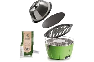 Classe Italy | Barbecue à charbon fonte cuiseur four plaque balcon portable. Batterie rechargeable, charbon gel allumage. Master Griller vert