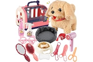 STAY GENT Interactif Chien pour Enfant, 16Pcs Jouets de Toilettage Malette Docteur avec Cage & Électrique Peluche Chien en Laisse Marche Aboie, Jouets de Rôle Cadeaux pour Filles 3 4 5 6 7 8 Ans