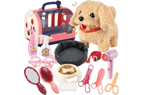 STAY GENT Interactif Chien pour Enfant, 16Pcs Jouets de Toilettage Malette Docteur avec Cage & Électrique Peluche Chien en Laisse Marche Aboie, Jouets de Rôle Cadeaux pour Filles 3 4 5 6 7 8 Ans