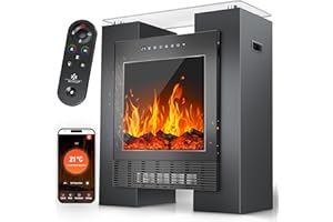 ‎KESSER KESSER® LED Kamin mit Heizung elektrisch | Heizlüfter Elektrokamin mit Thermostat, Standkamin mit realistischem Feuer -/ Flammeneffekt per App + Fernbedienung & WLAN – mit Timer,15-35°C, Schwarz