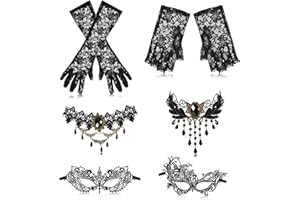 YUNHENTONG Máscara de Encaje Negro,Máscara Veneciana Mujer,Collar,Guantes de Encaje,Accesorios Para Disfraces De Fiesta De Boda Máscara de Mujer de Mascarada para Halloween Carnaval