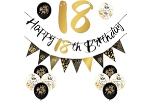 ADXCO 12 Pieces 18th Birthday Decorations Kit Include Black Gold Happy 18th Birthday Banner, Triangle Flag Banner and Confetti Latex Balloons for Party Decoration Birthday Party Supplies