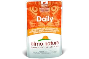 Almo Nature Daily avec Poulet et Saumon. Nourriture Humide pour Chat Adulte. Alimentation complète en sachets fraîcheur – 30 x 70g